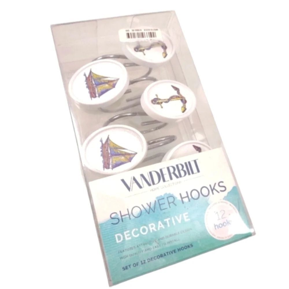 Vanderbilt Nautical Shower Hooks Set of 12 Anchors and Ships Oval Design NWT